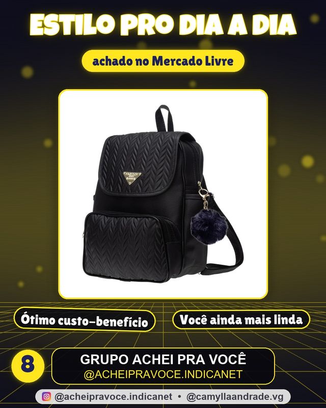 Mochila Feminina Bolsa Escolar Reforçada Trabalho C/ Pompom Preto Estampado