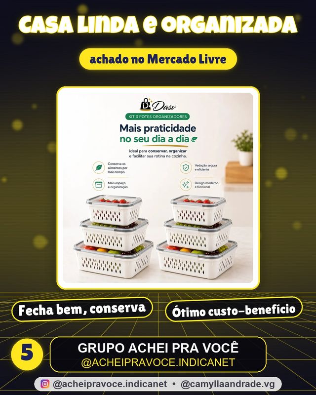 Conjunto Kit 6 Organizadores Geladeira Transparente Hermético Escorredor Cesto Frutas Alimentos Verduras Legumes Dasv