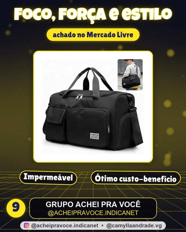 Bolsa Mala de Mão Viagem Academia Impermeável Transversal Unissex Preto