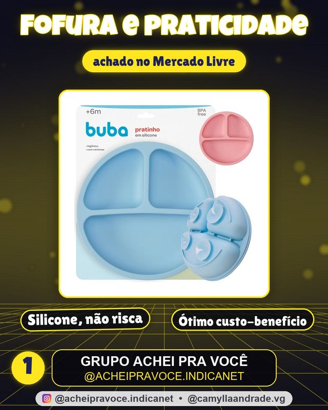 Prato Refeição Infantil Silicone C/ 3 Divisória Ventosa Buba Cor Azul