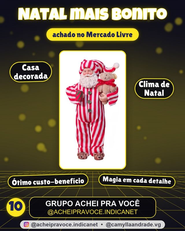 Papai Noel Pijama Listrado Com Urso Coleções Natal 30cm Vermelho / Branco