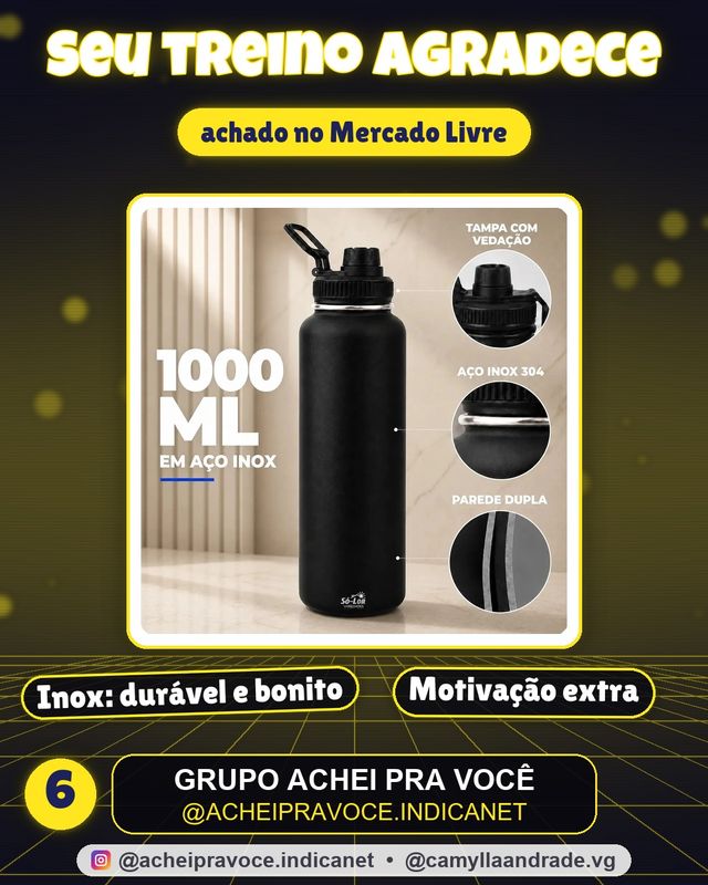 1000ml Garrafa Térmica Isolada A Vácuo Squeeze Aço Inox 304 para Água Gelada Esporte Academia com Alça e Bico Preto Sólar