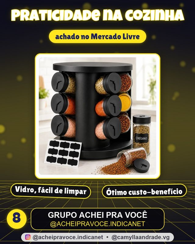 Porta Temperos Condimentos 9 Unidades Potes Vidro Base Giratória Preto Organizador Cozinha Dosador Sólar