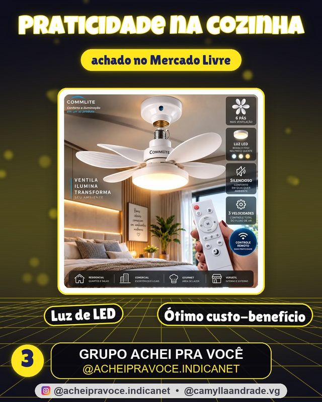 Ventilador de Teto 60W Silencioso Lâmpada Forte com LED, Controle e 6 Pás Soquete E27 Para Residencial Comercial Interno Externo Quarto Sala Cozinha Escritório Gourmet Apartamento Casa - Commlite