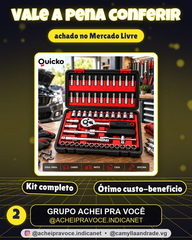 Kit Ferramentas 46 Peças Jogo Chaves Catraca Soquetes Allen Torx Fenda Phillips Maleta Completa Manual Mecânico Manutenção Casa Carro Oficina Profissional ajustes e reparos diversos montagens Quicko
