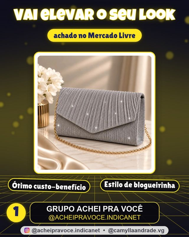 Bolsa Festa Feminina Carteira De Mão Com Corrente Clutch Brilho Cinza Artestore