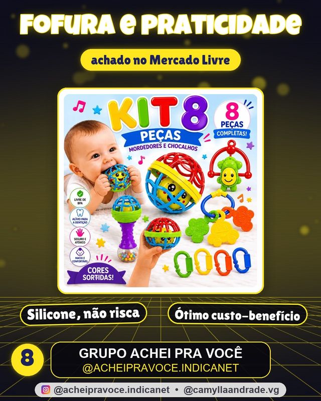 Kit Mordedor para Bebê brinquedo Sensorial Silicone com Chocalho 8 Peças Coloridas