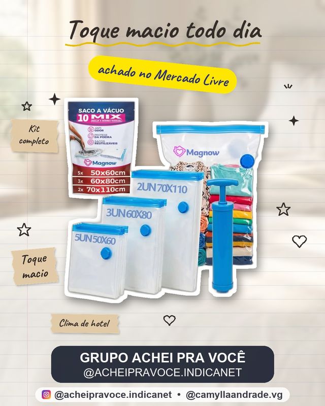 Magnow Pack Kit 10 Sacos a Vácuo com Bomba Manual, Tamanhos 50x60, 60x80 e 70x110, para Viagem, Mala, Guarda-Roupa, Edredom e Casaco