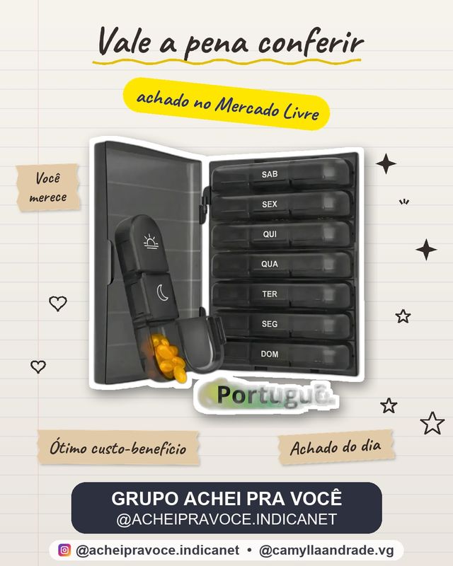 Caixa Organizadora Porta Comprimido Remédio Semanal Triplo Cor Preto 7 Dias Em Português