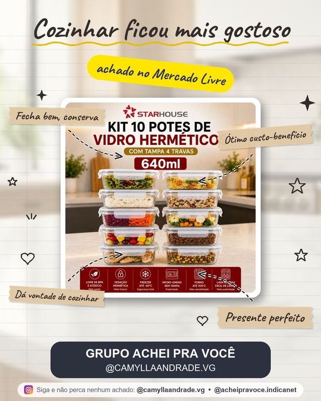 Kit 10 Potes Herméticos Vidro 640ml Starhouse Marmita Forno Micro-ondas Airfryer com 4 travas de super vedação