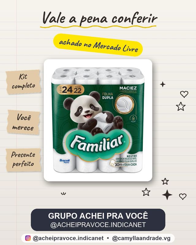 Papel Higiênico Familiar Folha Dupla Kit 24 Rolos de 30 m