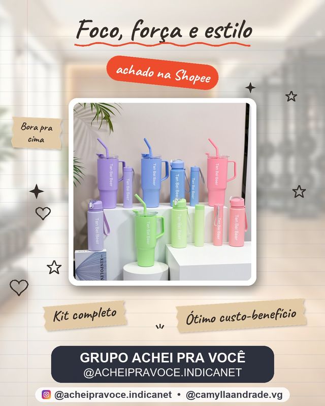 Kit 3 Garrafas Squeeze Motivacionais Garrafa Água Academia Com 1.2L e 800ml e 300ml copo stanley canudo