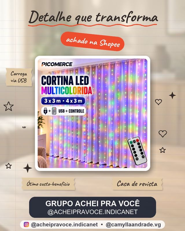 Cortina de Luz LED Multicolorida 3x3m ou 4x3m USB com Controle Remoto, 8 Modos para Festa e Decoração