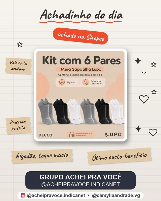 Kit De 6 Pares Meias Cano Invisível Lupo Sport Algodão Soquete Sapatilha Unissex
