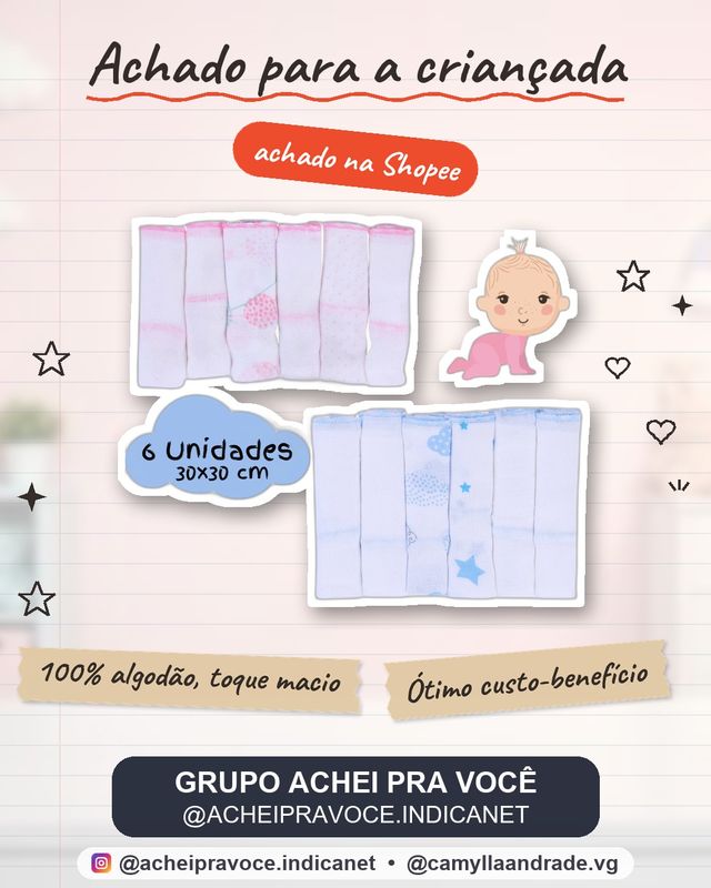 Pano de Boca Kit 6 Unidades Paninho Fralda de Bebe 100% Algodão 30cmx30cm