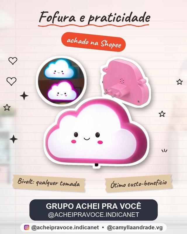 Abajur Infantil Mini Luminária De Nuvem Luz Para Quarto Tomada Bivolt Para Quarto