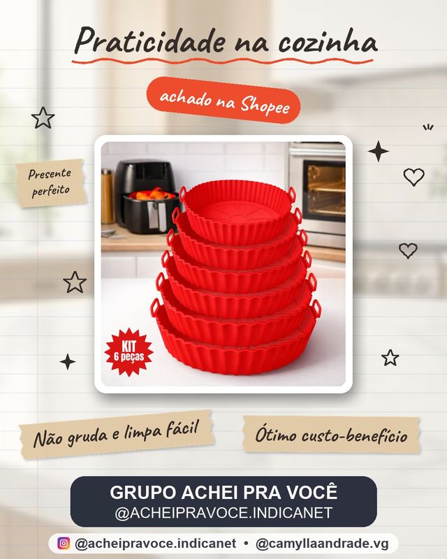 Kit 6 Forma de Silicone para Fritadeira Air Fryer com Alça Antiaderente Cozinha