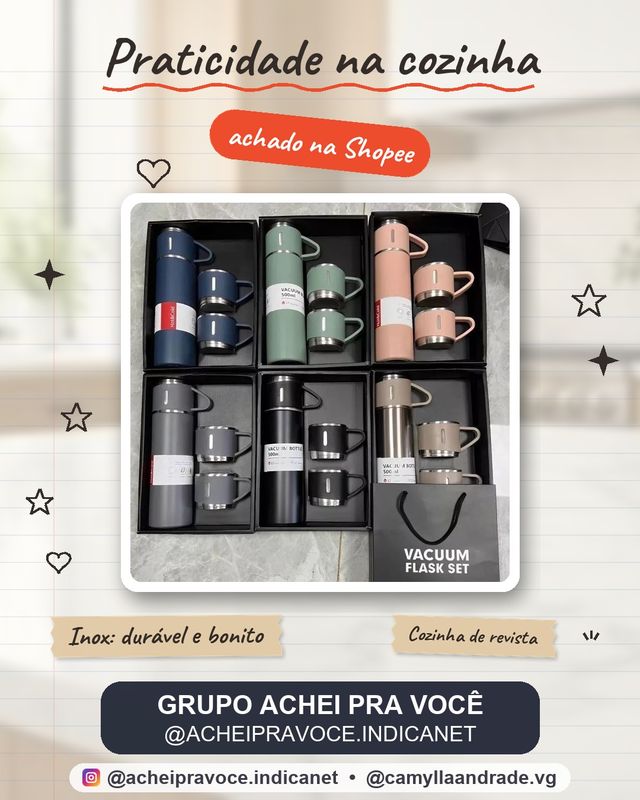 caneca Kit Garrafa Térmica Vacuum Bottle Inox 500ml + 3 Xícaras Bebidas Fria ou Quente