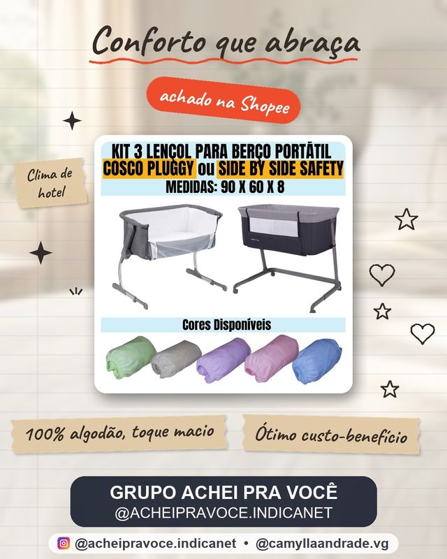 KIT 3 LENÇOL PARA BERÇO PORTATIL SIDE BY SIDE SAFETY OU COSCO PLUGGY 100% Algodão