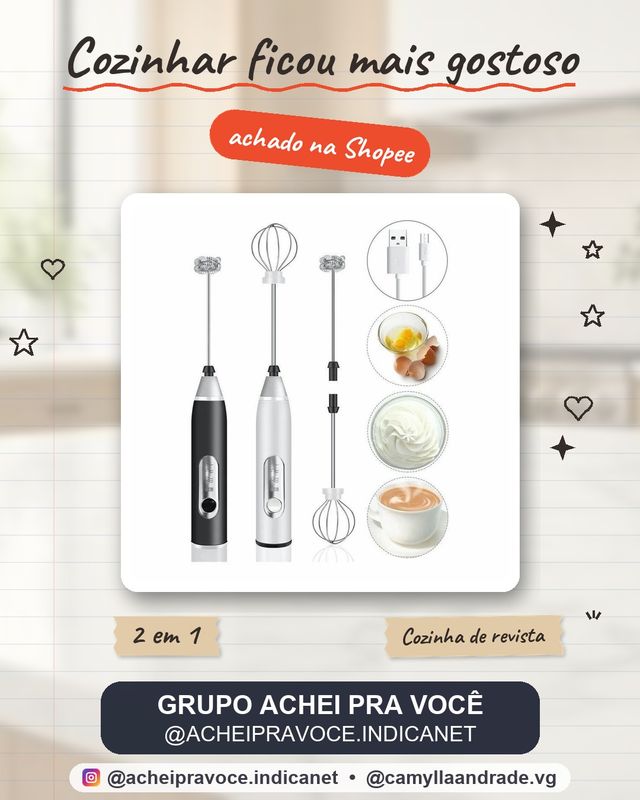 Batedor Misturador Mixer Elétrico para Bebidas Leite Café Clara de Ovo 2 em 1