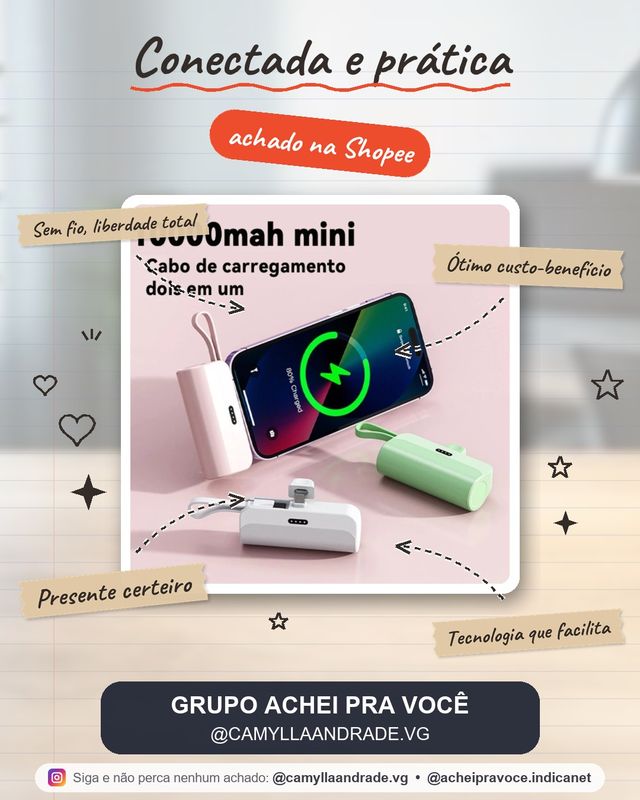 Carregador Mini Power Bank 10000mAh Bateria Sem Fio 2em1 Carregador Portátil para iPhone e Tipo-C