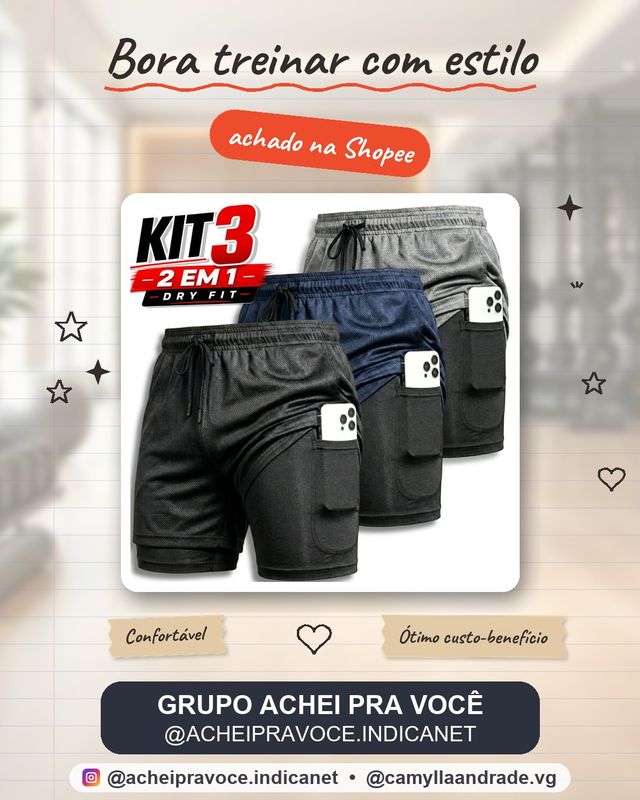 Kit 3 Shorts 2 em 1 Dryfit Masculino Academia Corrida Treino Bermuda comprime Seca Rápida Confortável Fitnes