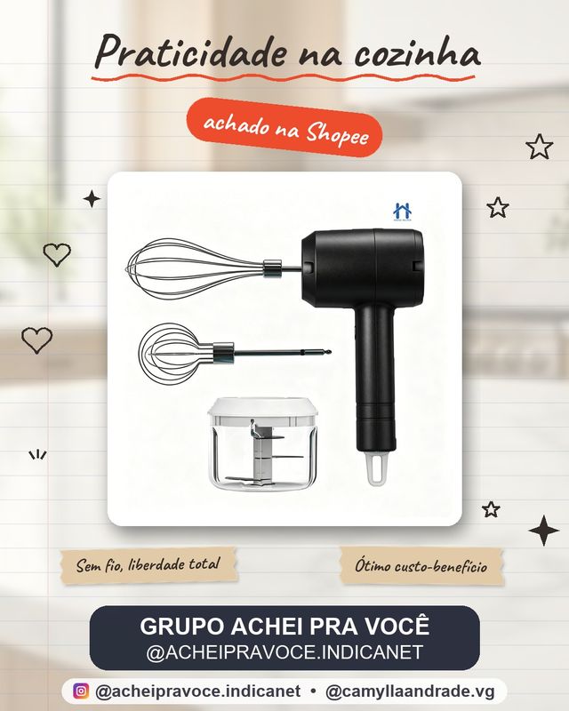 Mixer Misturador de Mão Elétrico para Ovos e Bebidas Sem Fio com 3 Velocidades e Triturador