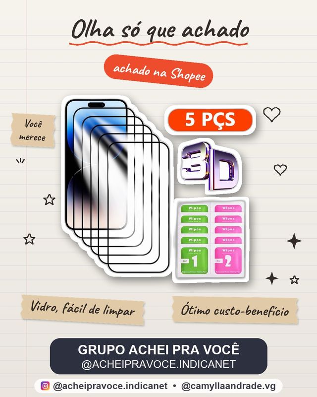 Compatível linha IPhone11 a 18 Pro Max, Película 3D Vidro Temperado, Kit 5 Unid. Oferta