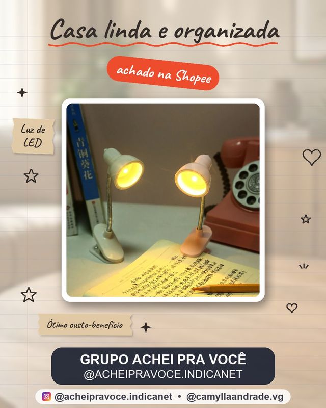 Mini luminária de mesa LED  com suporte de encaixe, luz de leitura
