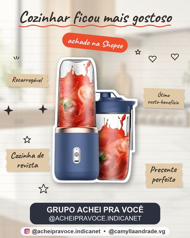 Mini Liquidificador 2 Copos 400ML Portátil Mixer Recarregável 6 Lâminas Batedor Sheikeira 40W