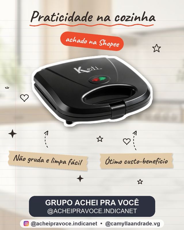 Sanduicheira Grill Elétrica 750W Antiaderente Koti Preta Faz 2 Sanduíches Rápido 110V ou 220V