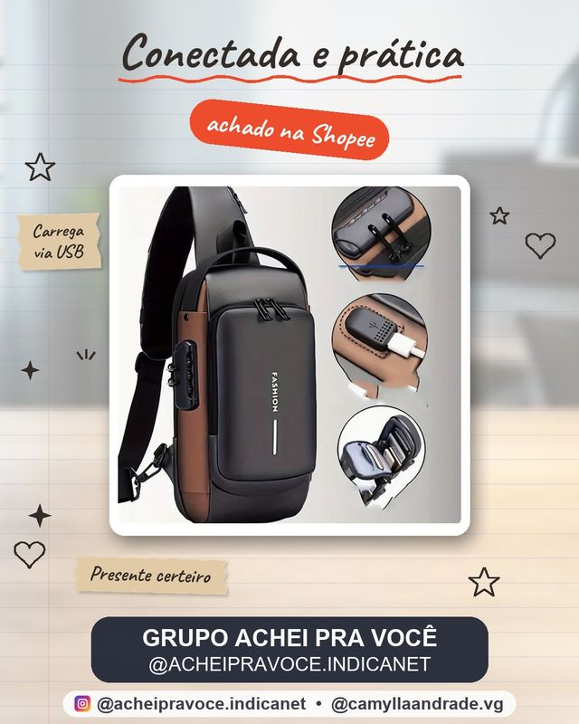 Mochila De Peito Masculina À Prova D'água De Trava De Código Antifurto Com Usb Alta Qualidade