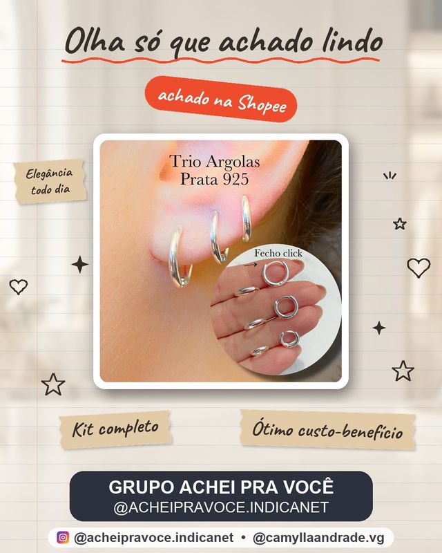 Trio de Argolas Prata 925 Lisa Cravejada Ponto de Luz Kit Feminino 3 Pares Brinco Click