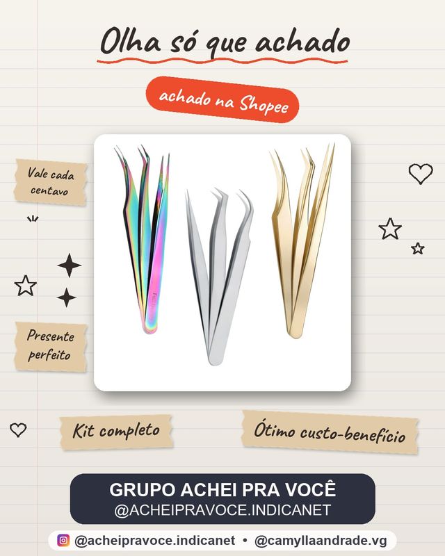 Kit 3 Pincas 45° Curvada Reta Extensao De Cilios Fio A Fio com Case de armazenamento Caixa