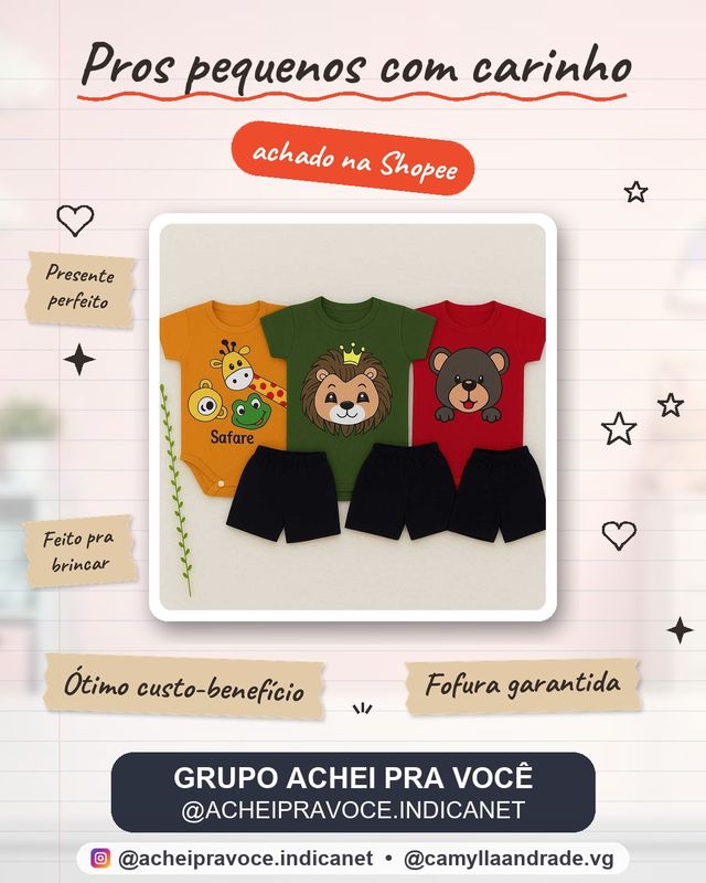Body Bebê com Shorts Safari – Roupinha Infantil Estampa de Animais Menino Menina