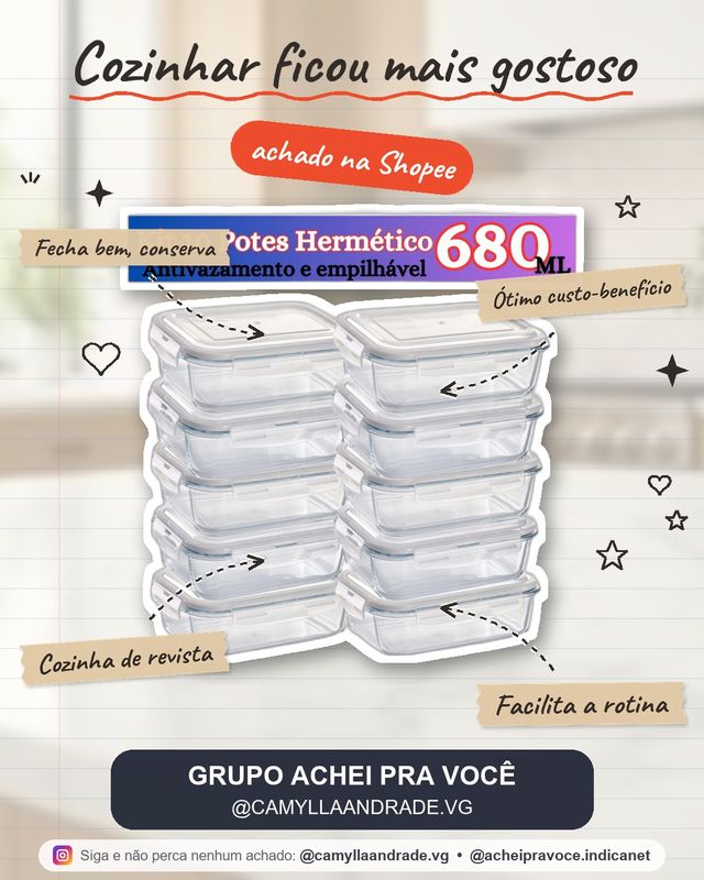 Kit de 6 até 12 Potes de Vidro 640ml - 370 ml Hermético Marmita Fit com Tampa 4 Travas Premium