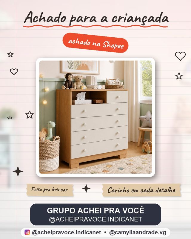 Cômoda Infantil 5 Gavetas Com Corrediças Telescópicas Pés P/ Quarto Grande Organizadora Roupas Amora