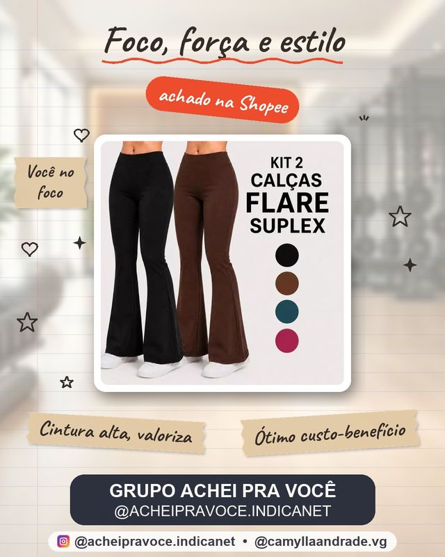Kit 2 Calças Legging Flare Leg Bailarina Feminina Suplex Cintura Alta Sem Transparência Cós alto Calça Boca de Sino