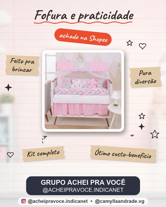 Kit  Berço 12 Peças Menina Rosa Formato  Nuvem Estrela Lua
