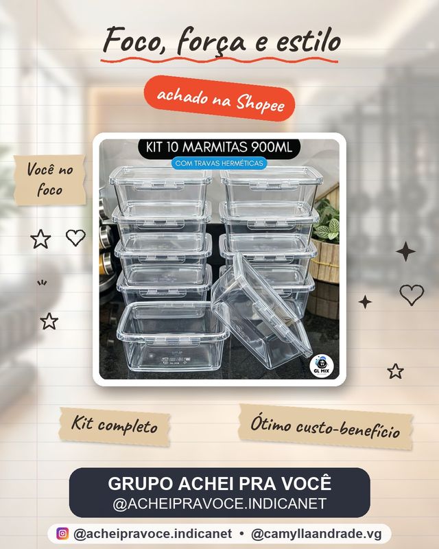 Kit 10 Marmitas com Travas 900ml BPAFREE Pote Plástico Freezer Microondas Fitness Refeição Alimento