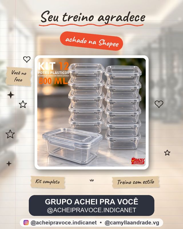 Kit Com 12 potes 800ml Tampa Com Trava Marmita Fitness Lavavel Freezer Microondas Durável BPAFree