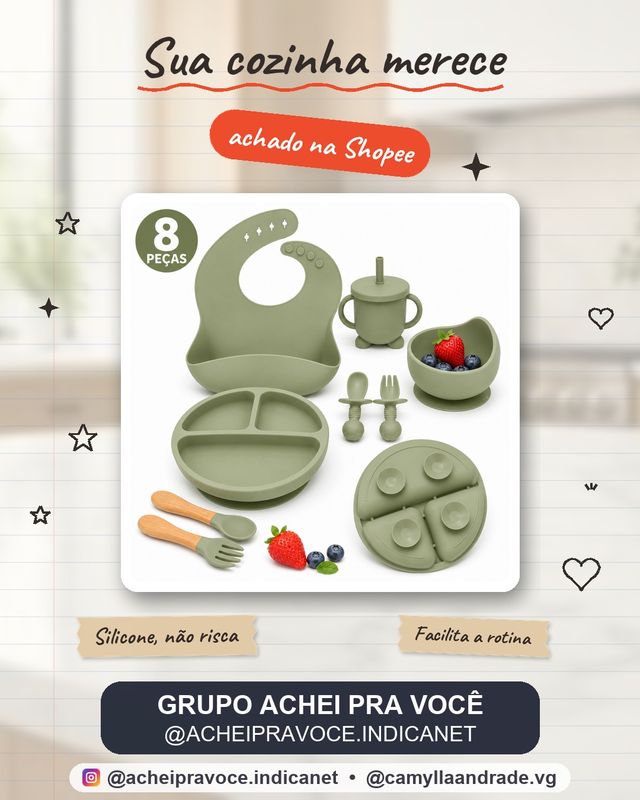 Kit Refeição Bebê Silicone 8 Peças Prato com Ventosa Babador Copo Colher Garfo