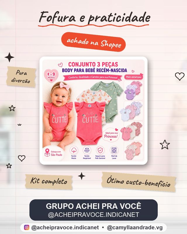 Kit 3 Bodies Bebê Menina Manga Curta Babado Floral Estampado Hello Cutie Roupa Infantil Recém-Nascida 0 a 9 Meses