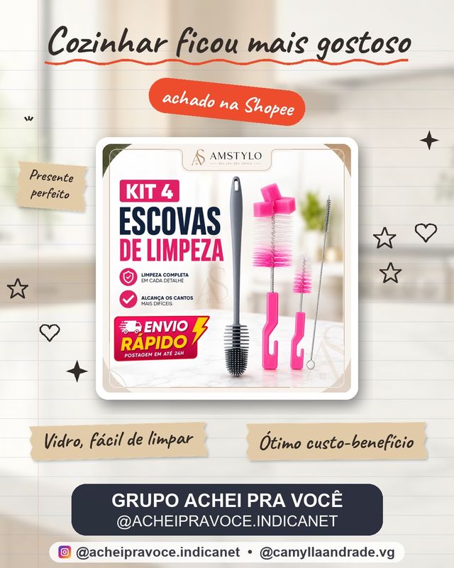 Kit Com 4 Escova para Mamadeira Bico e Garrafas Termica Copo de Vidro Limpeza