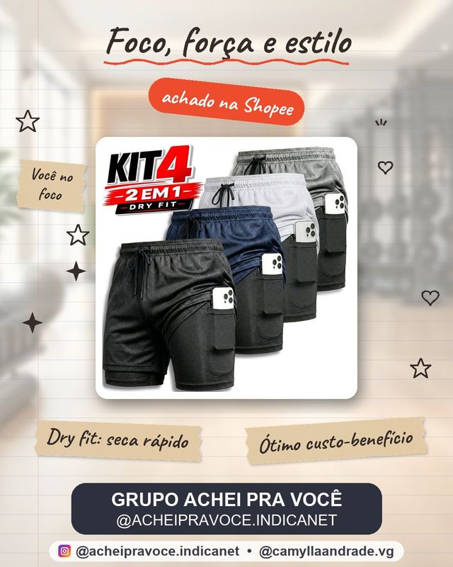 KIT 4 Shorts 2 em 1 Masculino Dry Fit Academia Corrida Fitness Compressão Bolso Celular Musculação