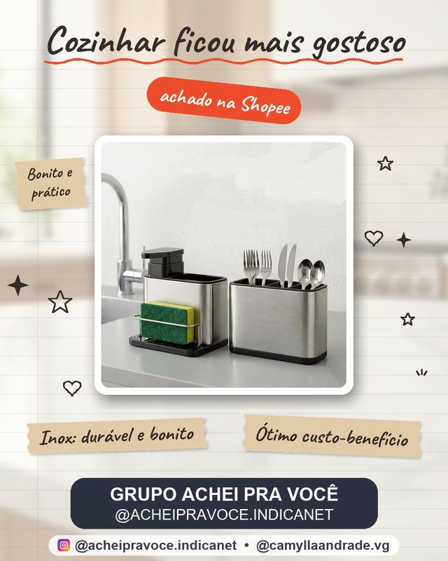 Kit 2em1 Escorredor Talheres + Dispenser Detergente Aço Inox Bancada Cozinha