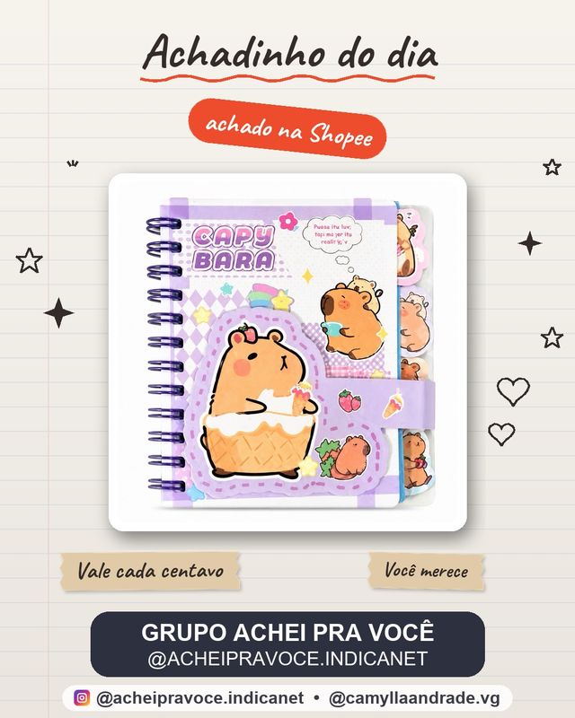 Caderneta Capivara Fofa 65 Folhas Pautadas Mini Agenda Caderno Espiral Escolar