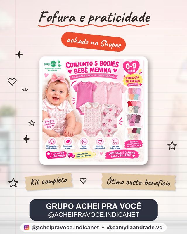 Kit 5 Bodies Bebê Menina Manga Curta Floral Laço Estampado Roupa Infantil Recém-Nascida 0 a 9 Meses
