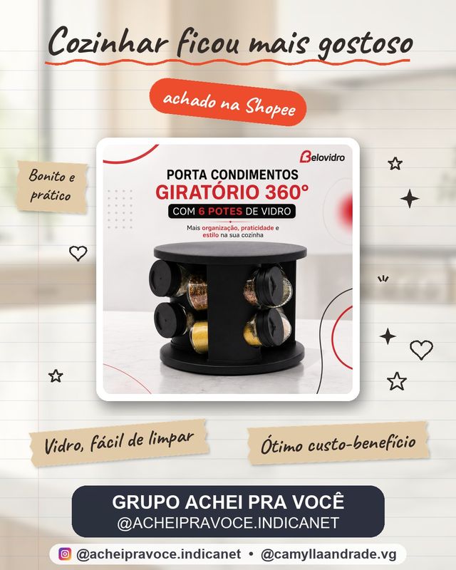 Porta Condimentos Giratório 360° com 6 Potes de Vidro – Organizador de Temperos Cozinha Preto