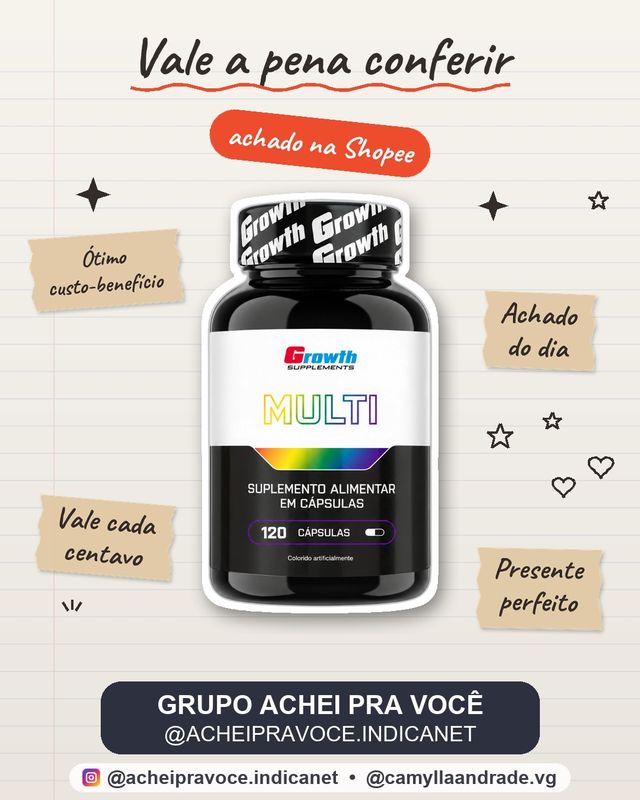 Multivitamínico 120 Cáps. - Suplemento Completo com Vitaminas e Minerais Essenciais - Growth Supplements - Sabor Neutro